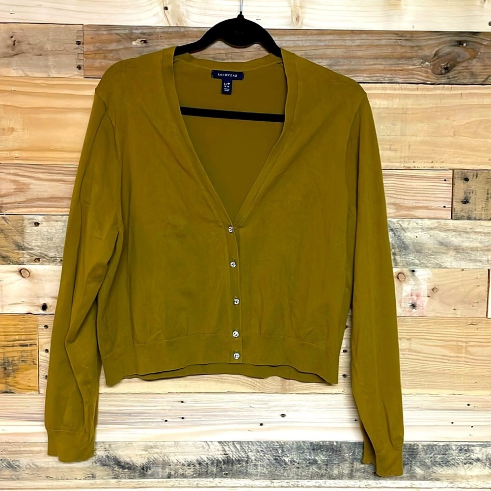 Lands’ End size large petite olive green v-neck gemstone button down cardigan